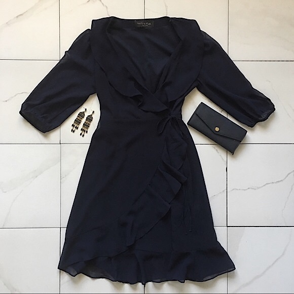 Truth & Fable Dresses & Skirts - Truth & Fable Sheer Sleeve Blue Ruffle Wrap Dress
